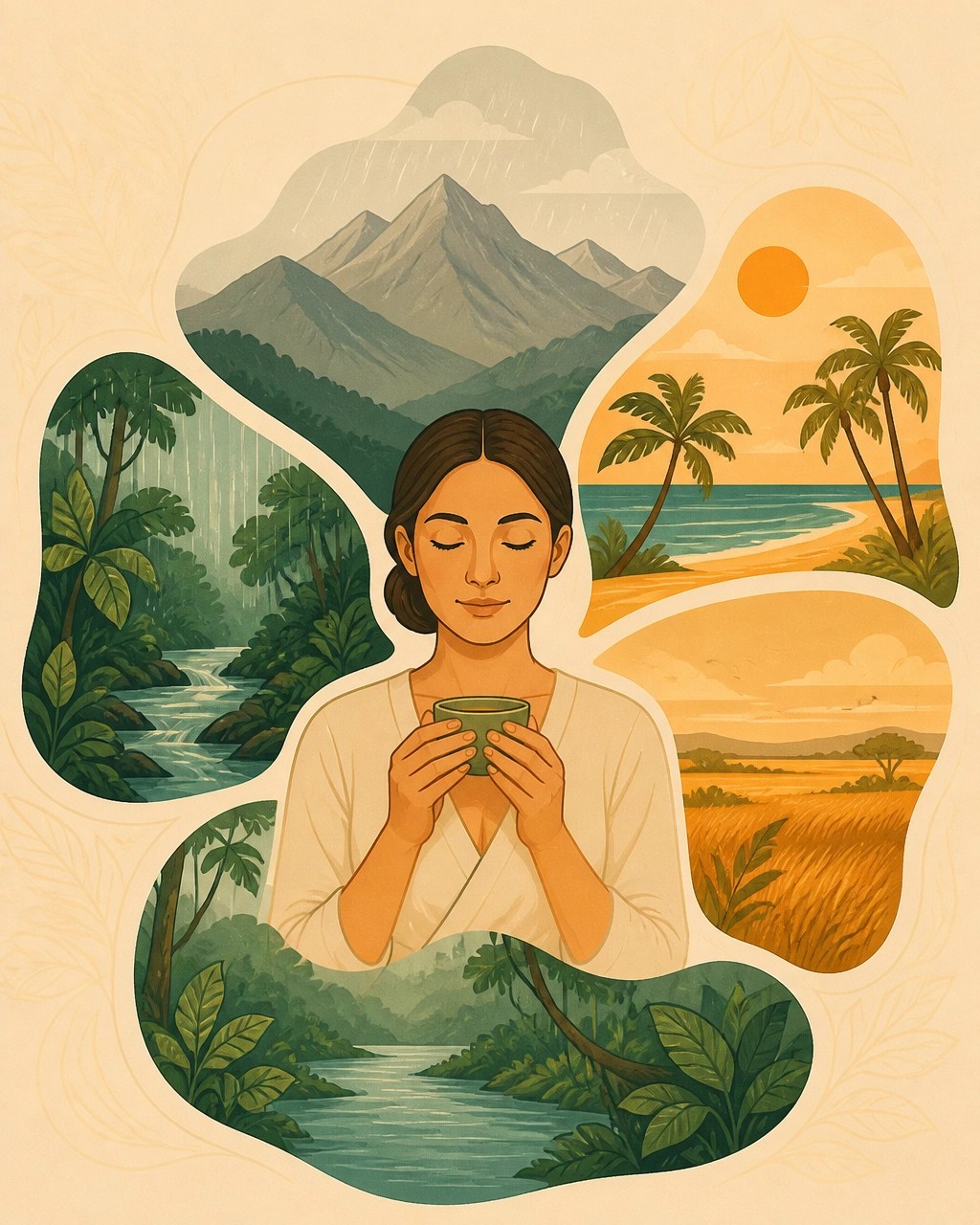 Ilustración editorial de las cinco regiones colombianas y sus distintos ritmos climáticos
