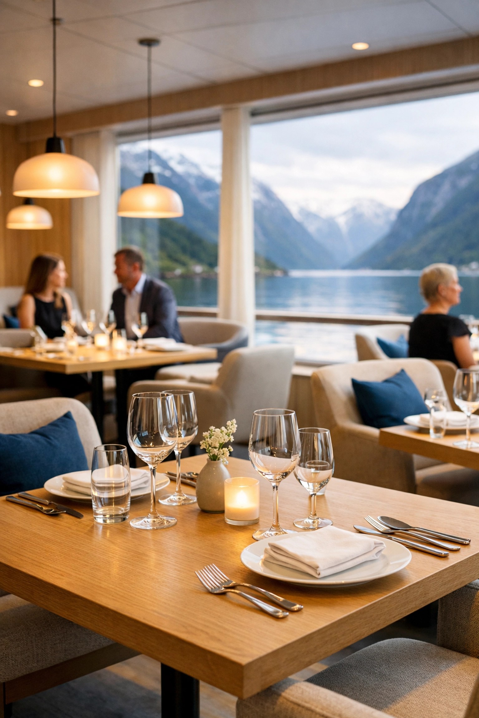 Elegant cruise ship specialty restaurant with Scandinavian design and fjord views