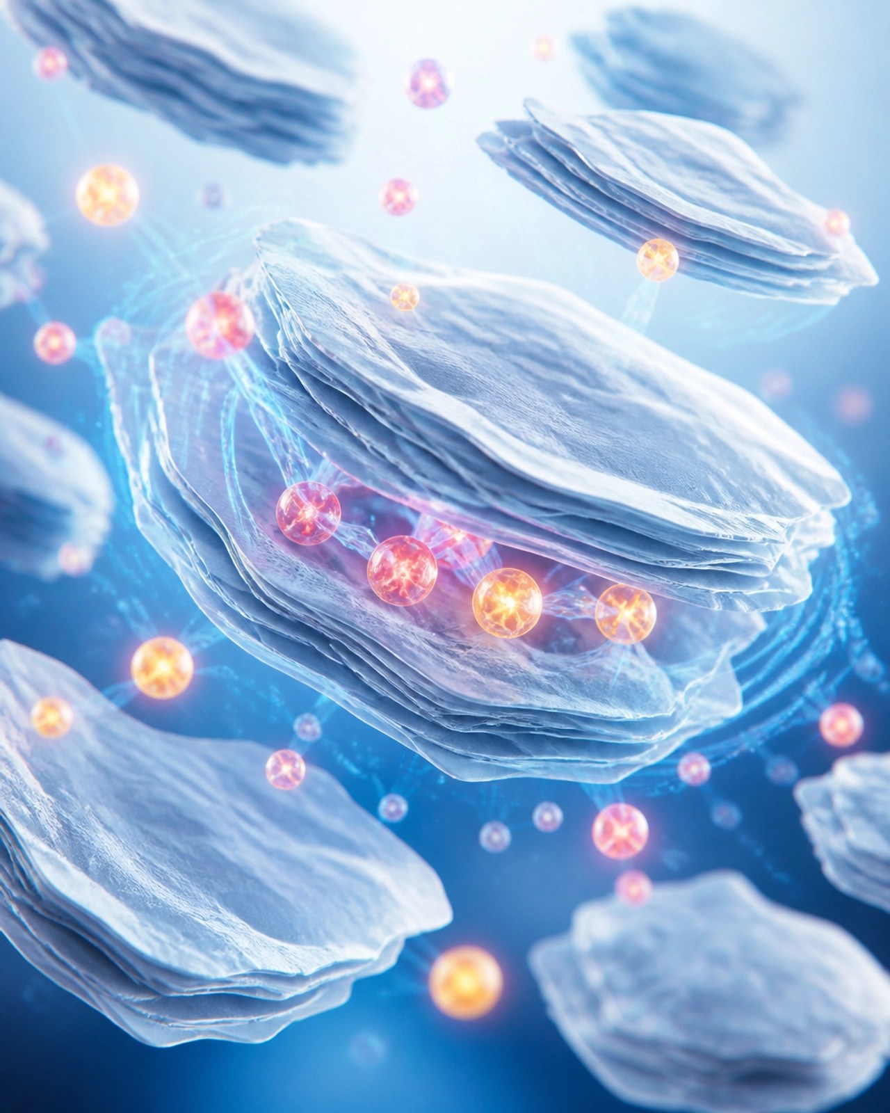Abstract visualization of clay particles binding to toxins through adsorption