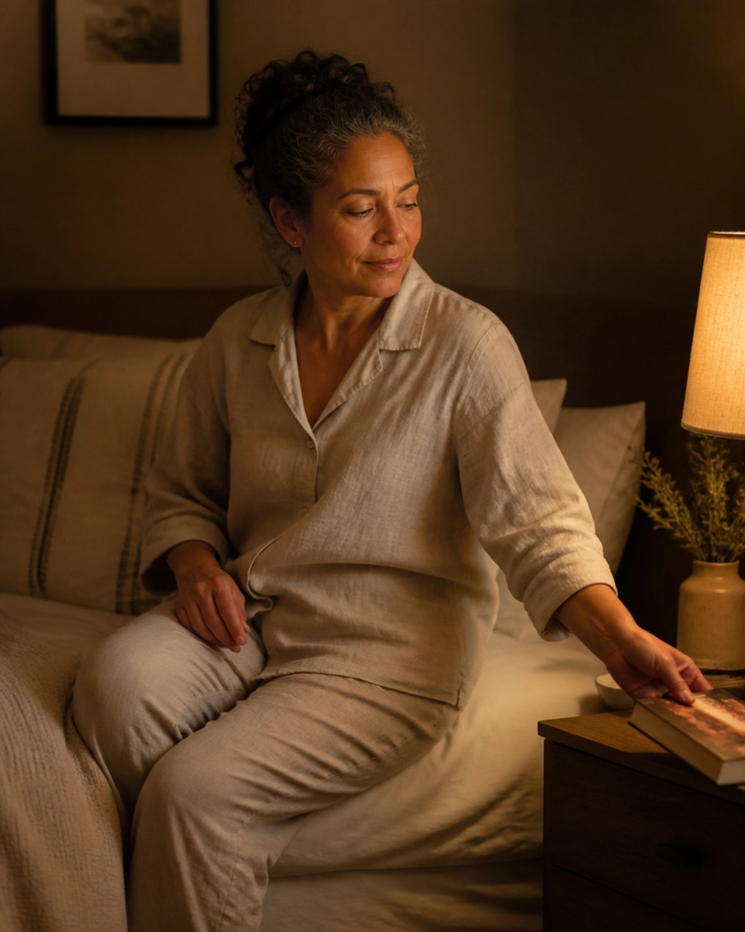 A woman in her early 50s winding down for the night, emphasizing the importance of consistent sleep routines.