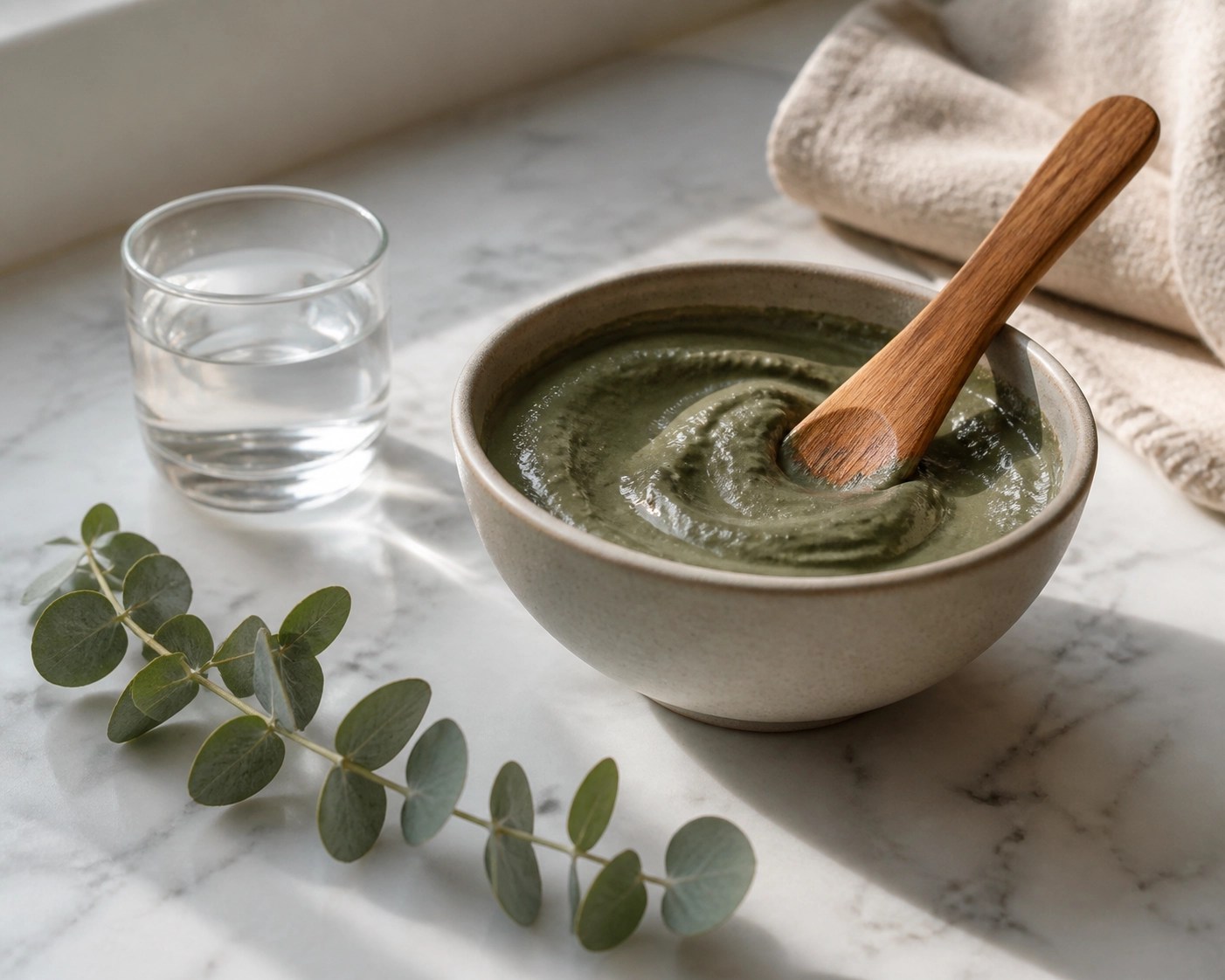 Natural green clay paste prepared in a ceramic bowl with a wooden spatula for safe use.