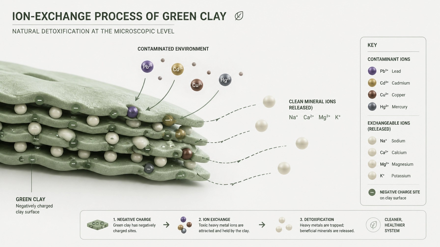 Microscopic illustration of ion exchange in green clay