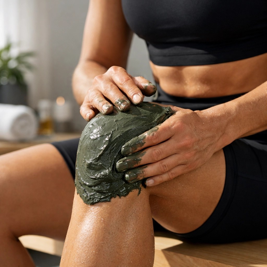 Athlete applying a thick green clay poultice to their knee for sports muscle recovery.