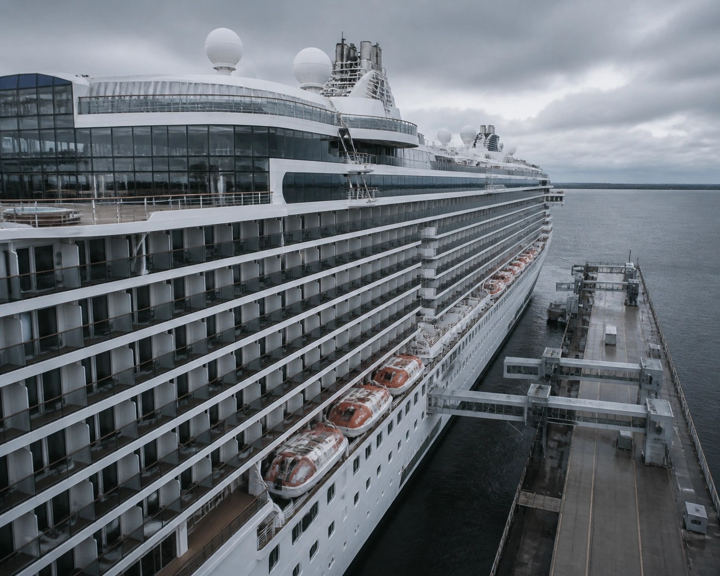 Massive modern cruise ship docked at a port terminal during a 2026 norovirus outbreak.