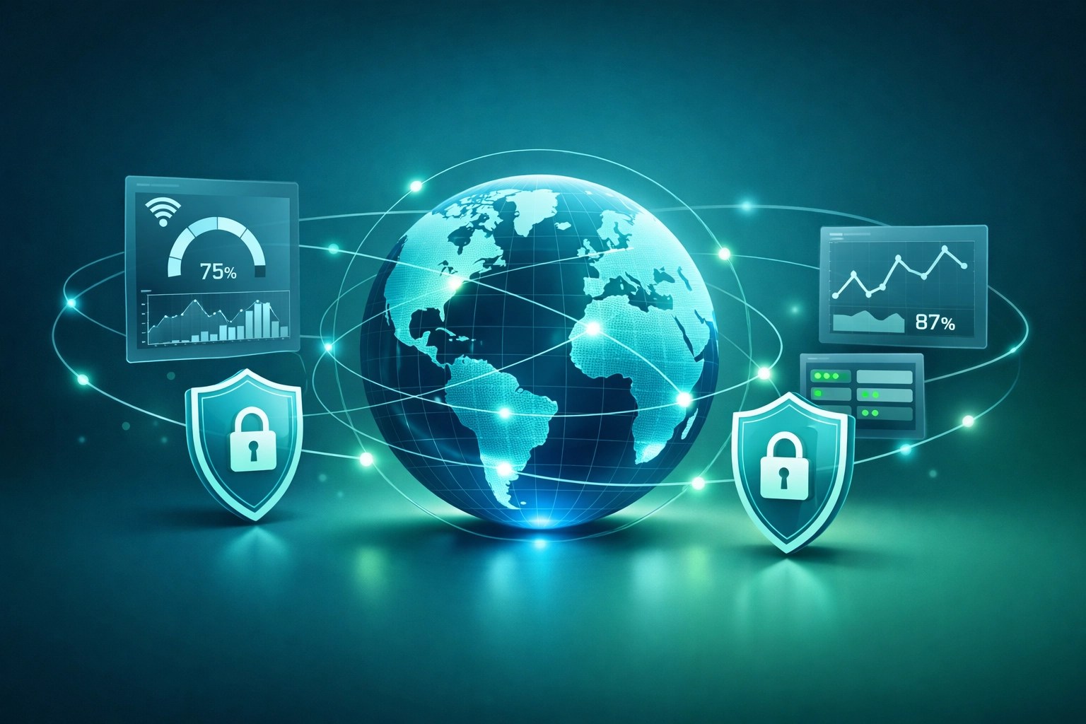 Digital network graphic illustrating secure remote IT support and synchronized business connectivity.