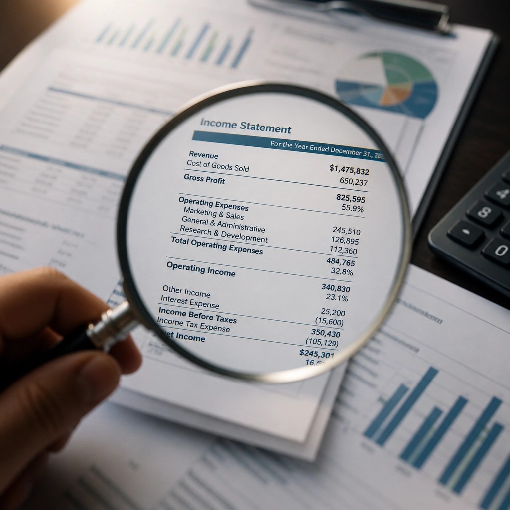 A magnifying glass bringing clarity to organized financial documents.