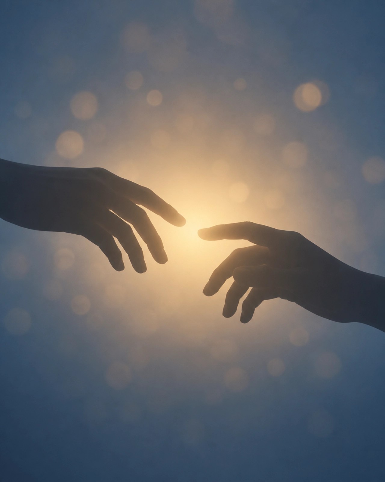 A close-up silhouette of two hands reaching out toward each other with a warm gold glow, representing emotional and physical reconnection.