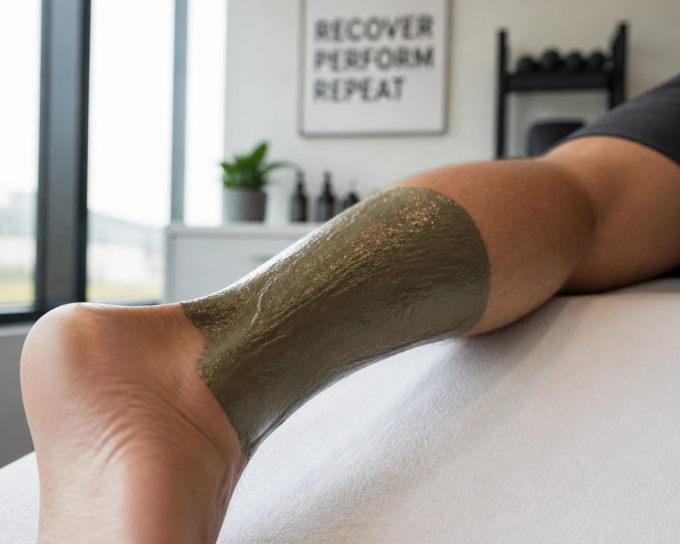 Athlete's lower leg treated with thick French green clay for muscle recovery and tendon relief.