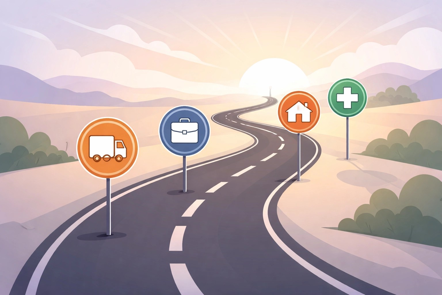 Illustration of a journey with life event signposts, symbolizing navigating Medicare enrollment changes and opportunities.