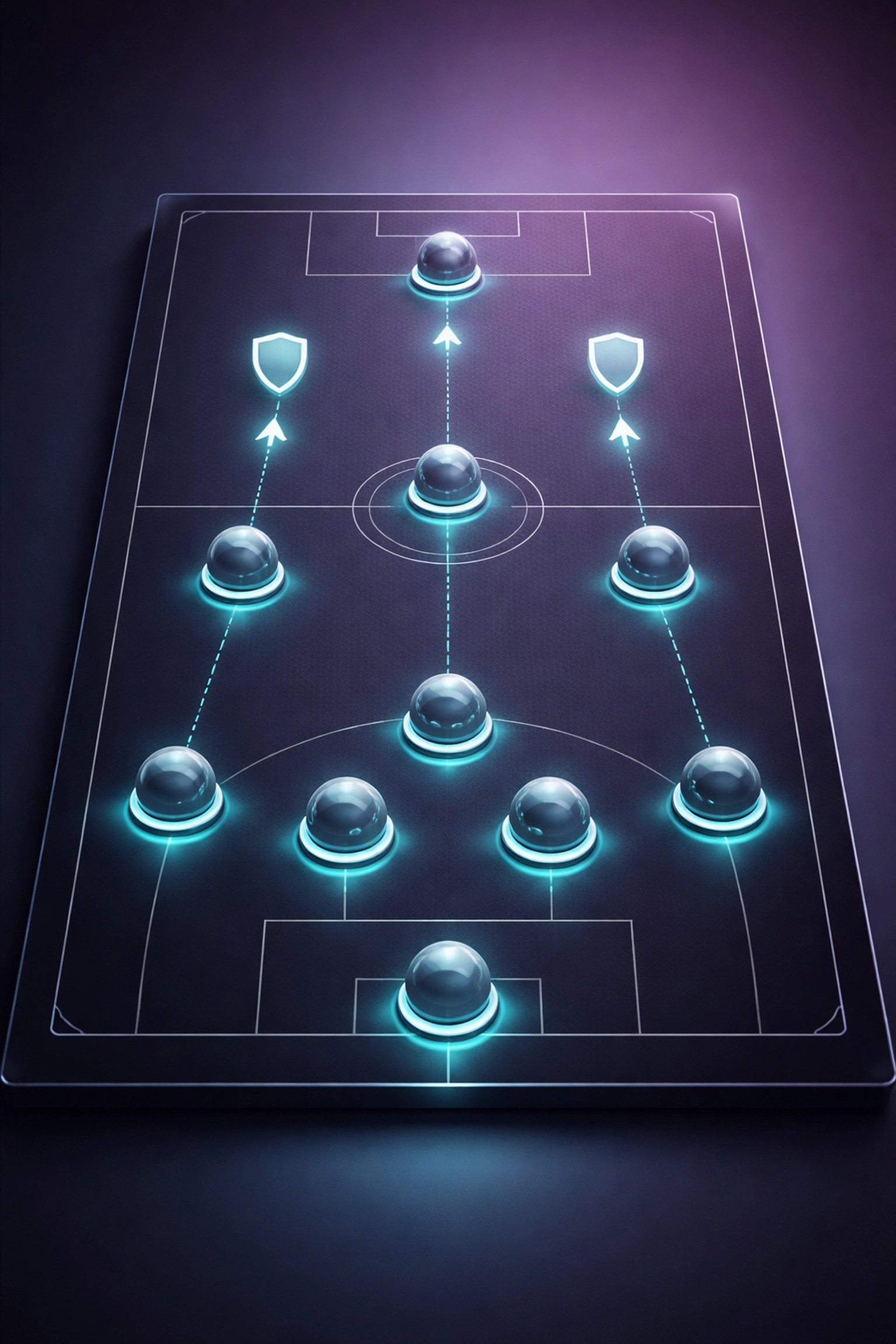 Fantasy football formation board with glowing defensive player markers and shield icons highlighting FPL defensive points strategy