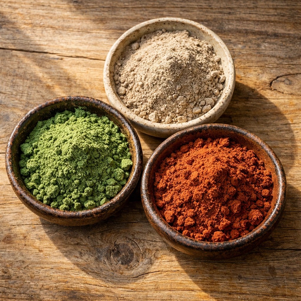 Comparison of Clayer #1 French green clay powder next to bentonite and red healing clay.