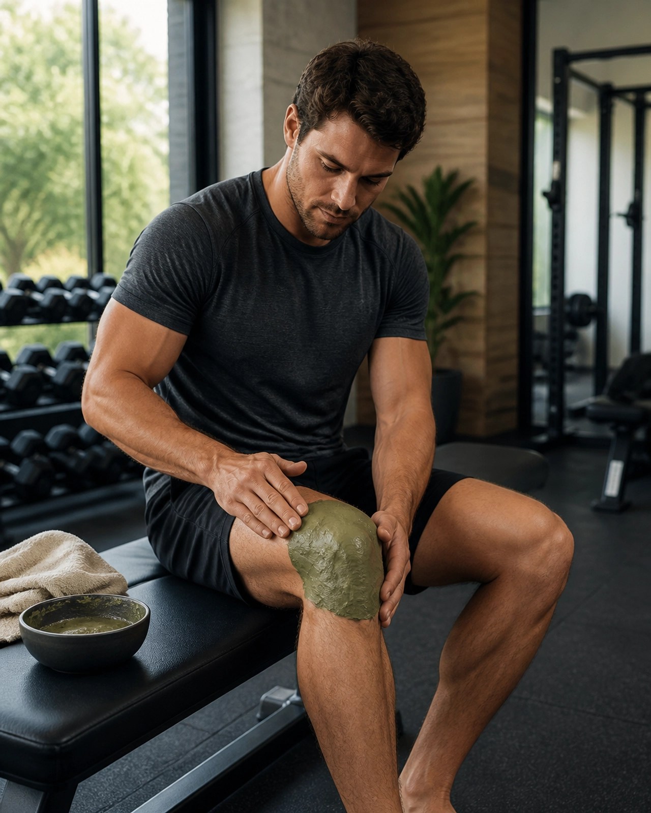 Athlete applying a green clay poultice to their knee for recovery