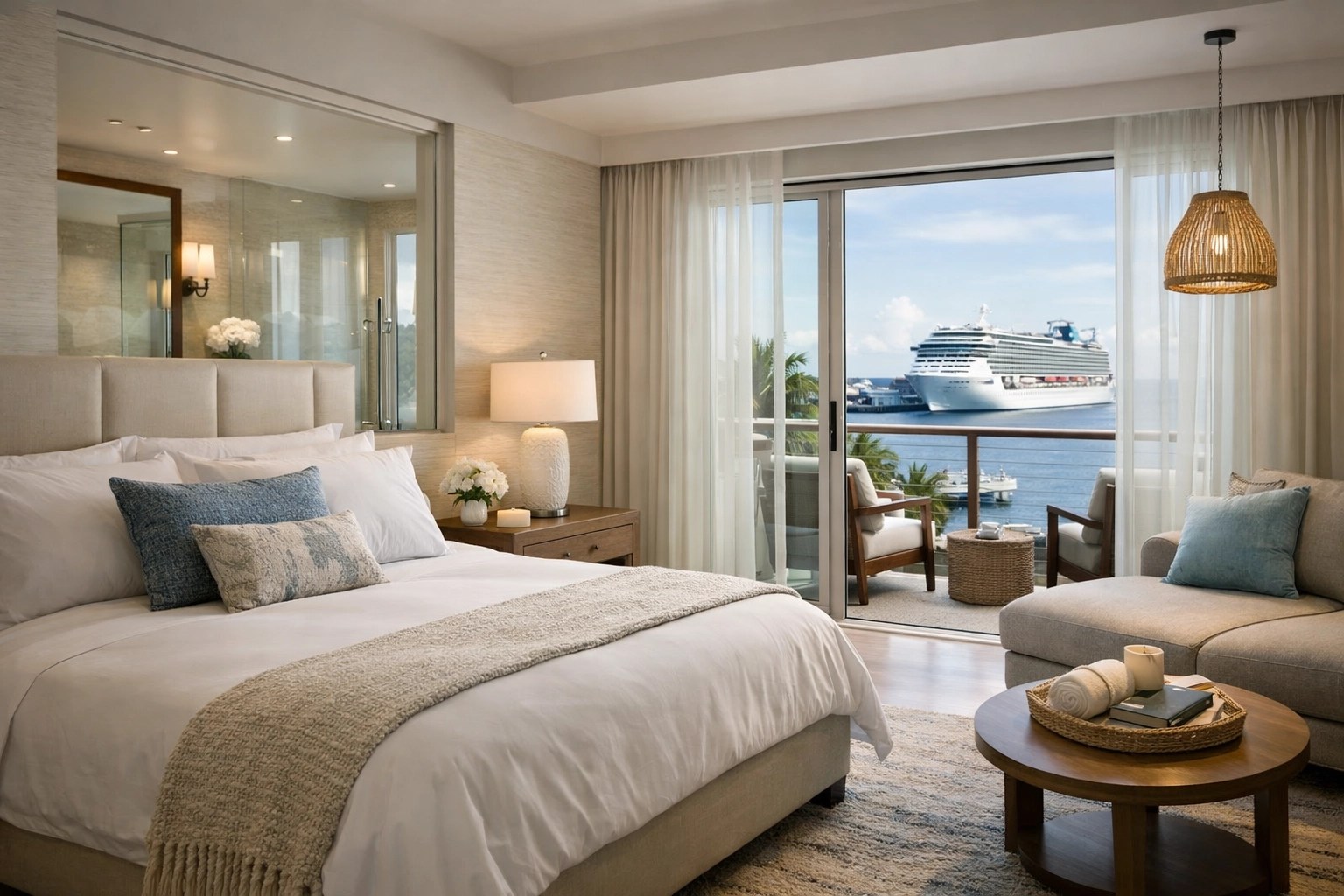Luxury post-cruise resort suite interior with ocean-view balcony