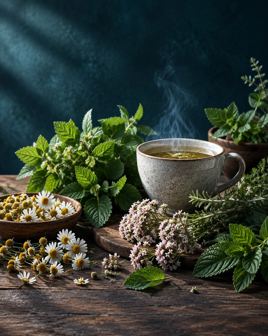 Fotografía de manzanilla, toronjil, valeriana y otras plantas aromáticas junto a una taza de infusión