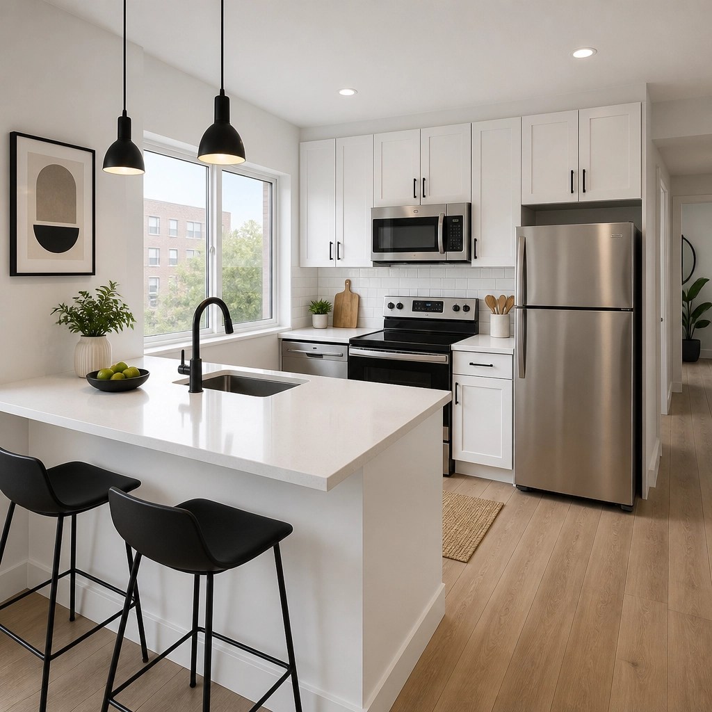 A bright, modern renovated kitchen in an apartment unit