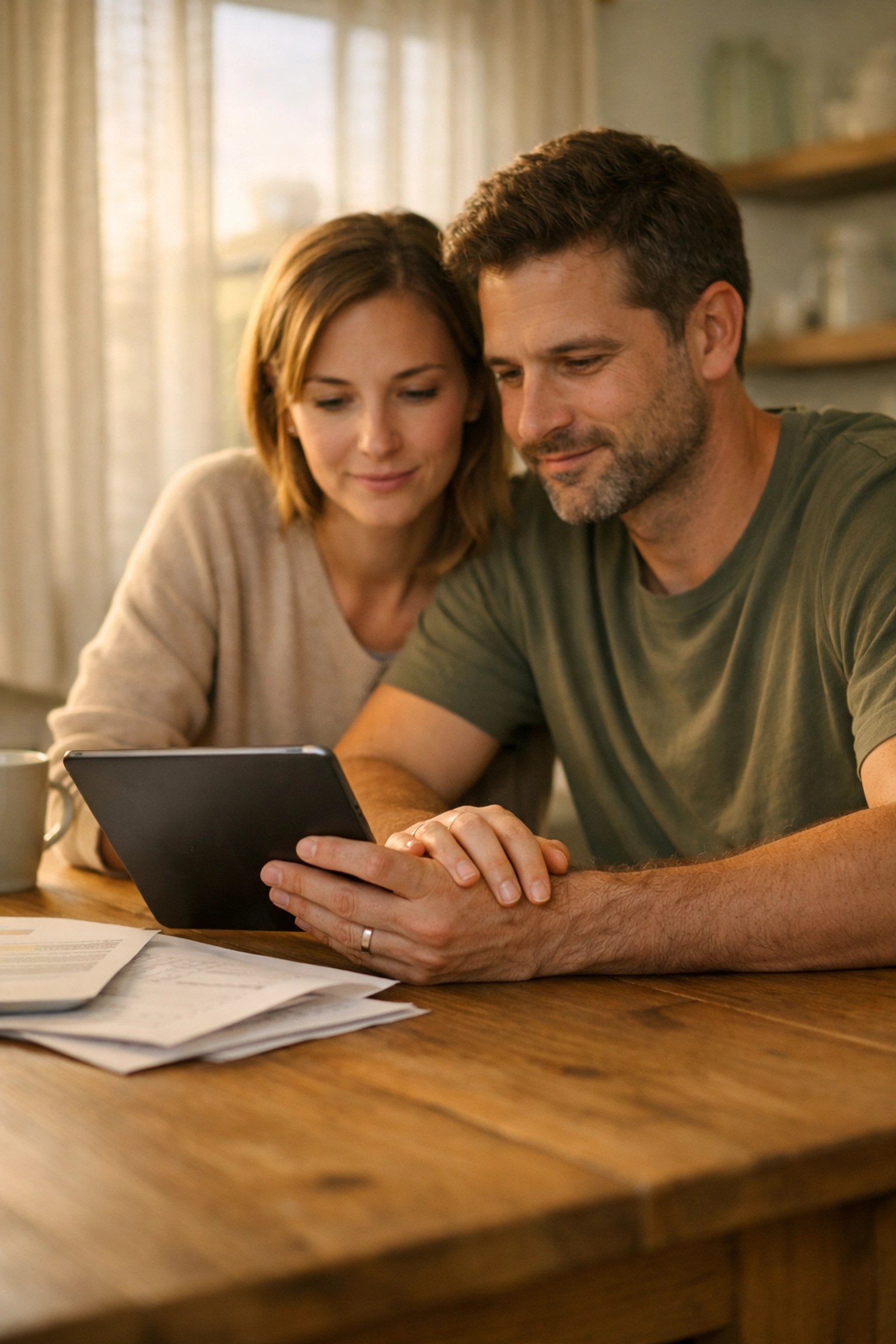 A couple sitting together at a kitchen table reviewing their family cash flow planning strategy.