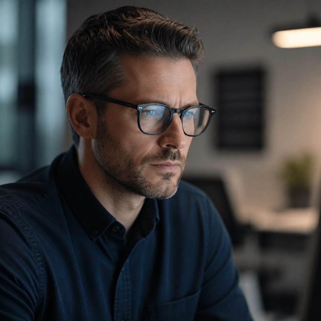 A technical strategist in a focused, thoughtful pose in a modern office
