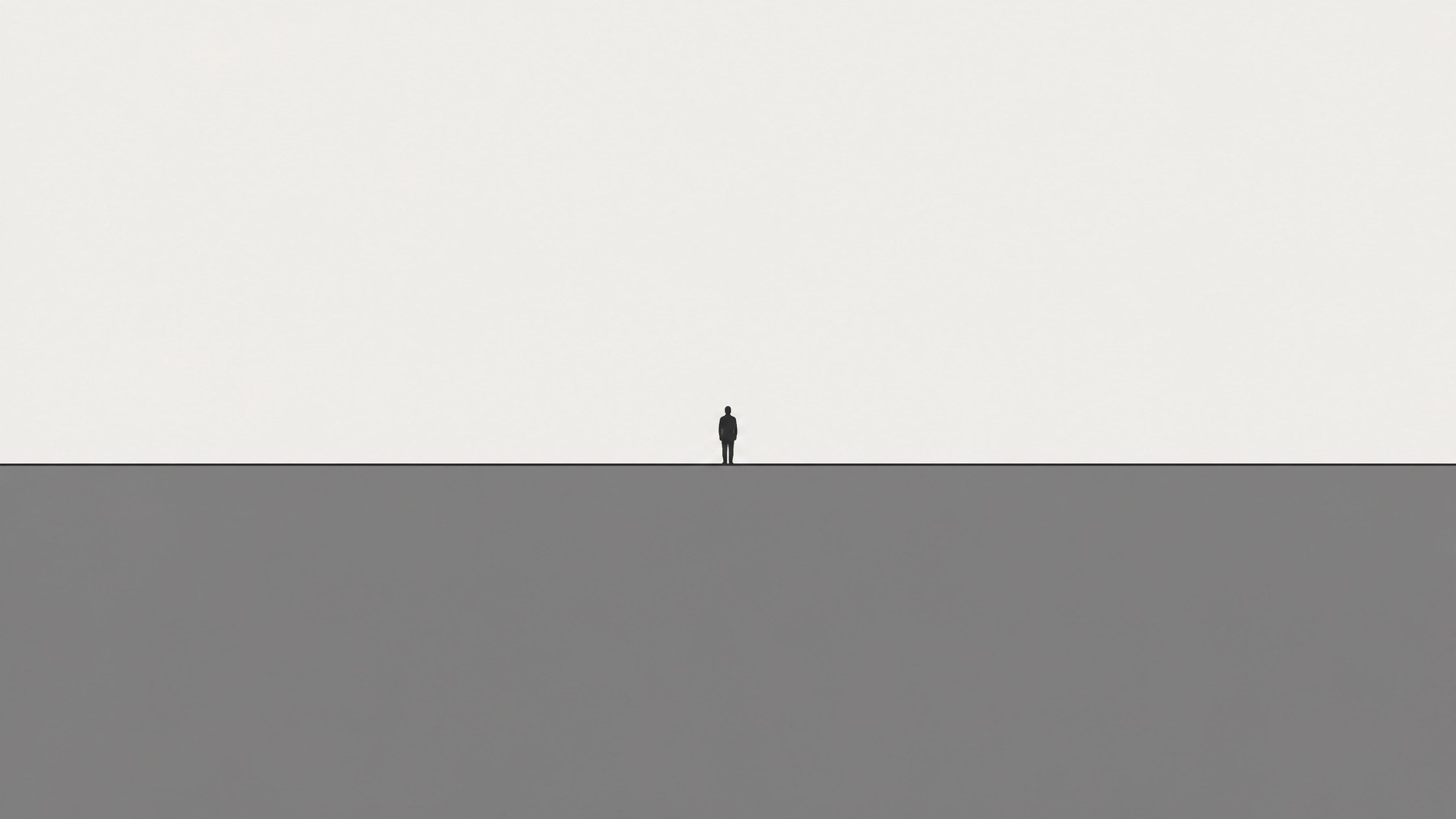 A minimalist landscape with a person looking toward the horizon.