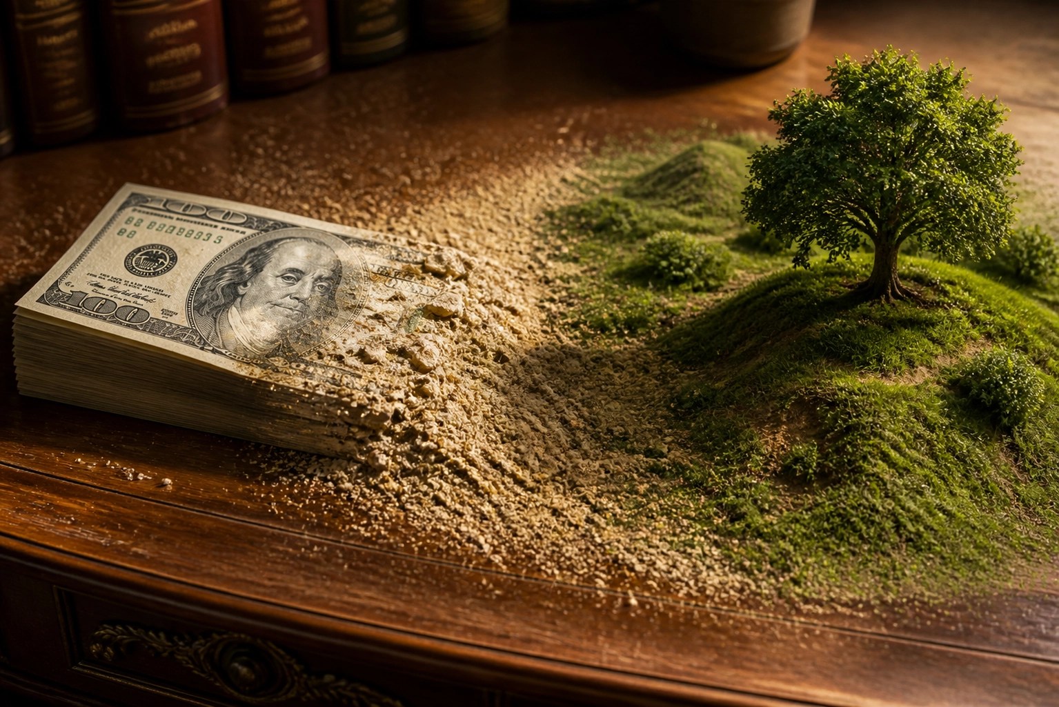 Currency disintegrating into a lush landscape symbolizing land banking as a stable inflation hedge in 2026.