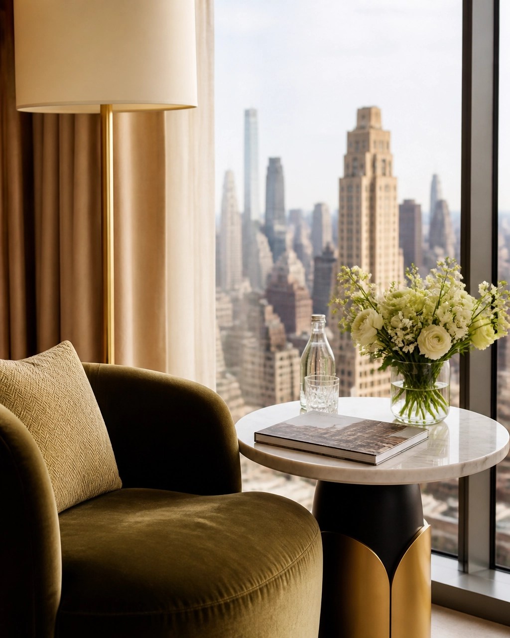 Tasteful hotel suite sitting area with a city guidebook, sparkling water, and a soft Manhattan view