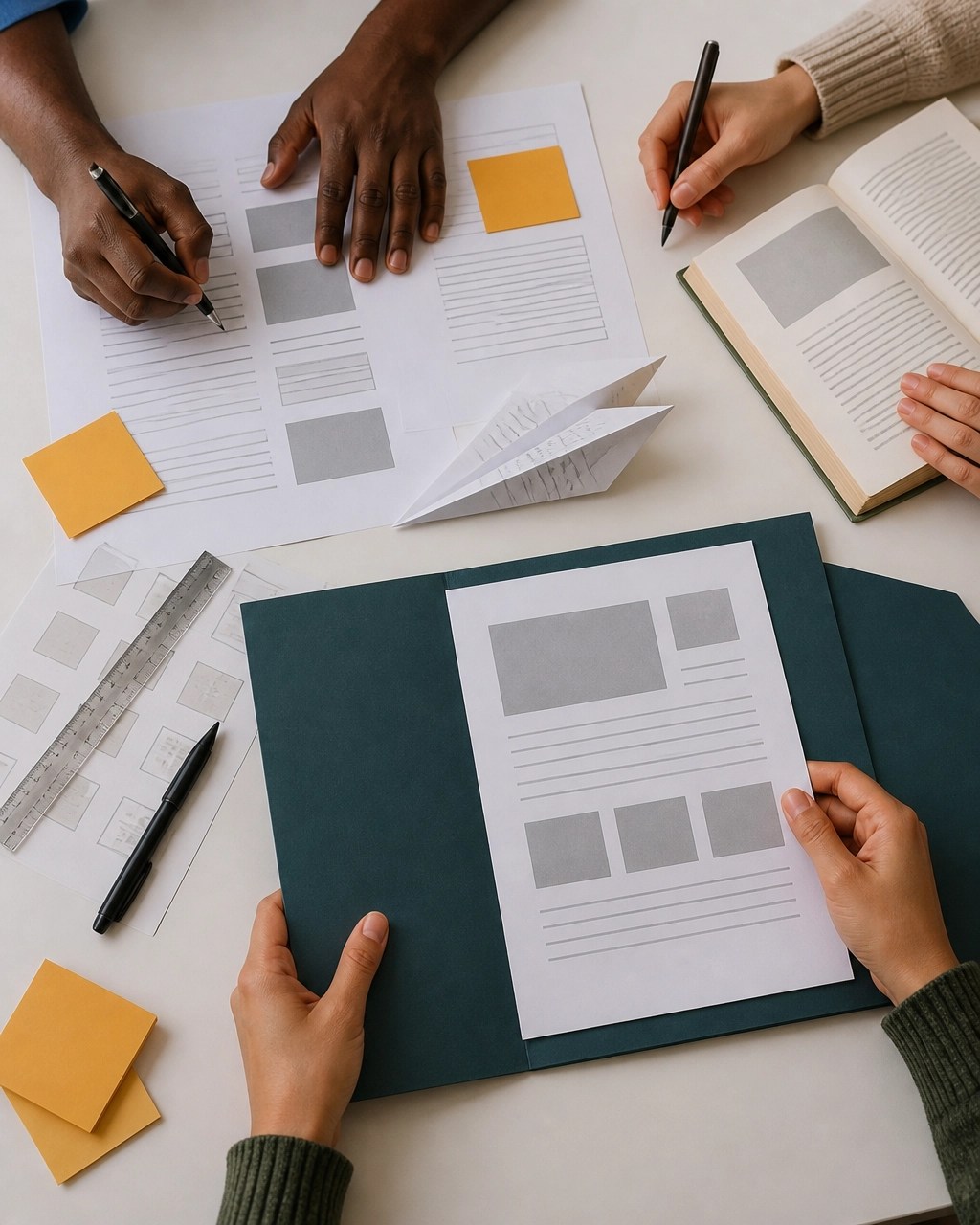 Close up of hands arranging drafts, notes, a physical book, and a portfolio folder into a polished one page case study