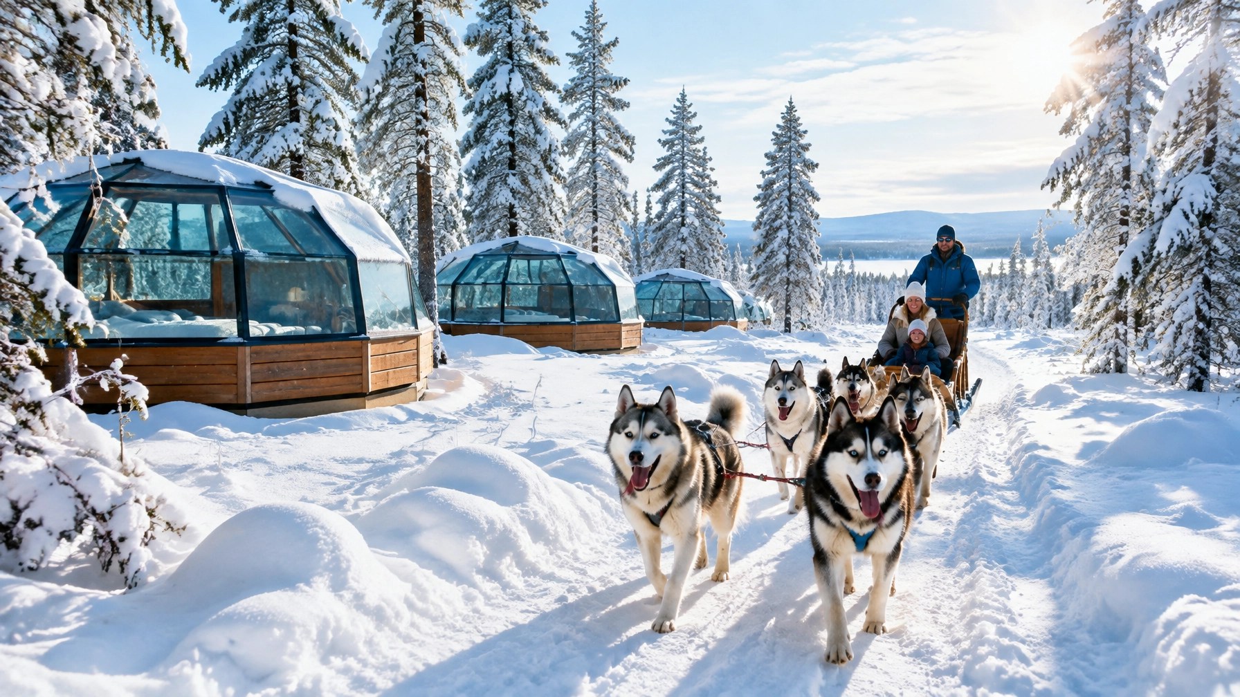 Glass igloos, snowy pine forest and a husky trail beneath bright Finnish winter sunlight
