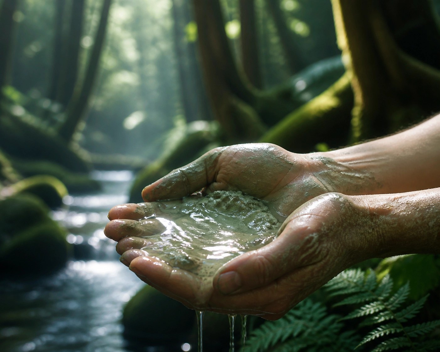 A natural mixture of green clay and spring water being held in hands for deep body detox and purification.
