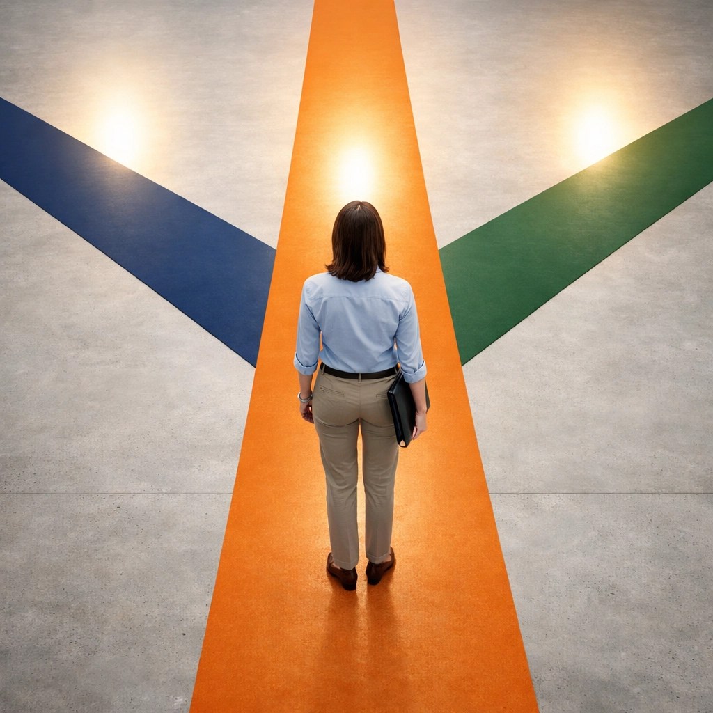 A business professional at a crossroads deciding between various NY small business health insurance plans.