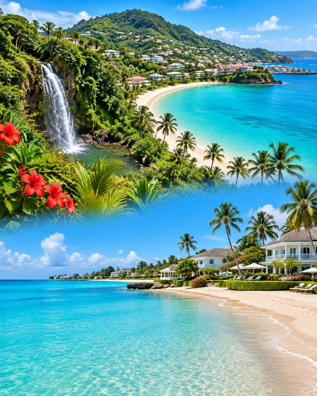 Lush Grenada landscape with a tropical waterfall, Grand Anse-style beach and calm turquoise water