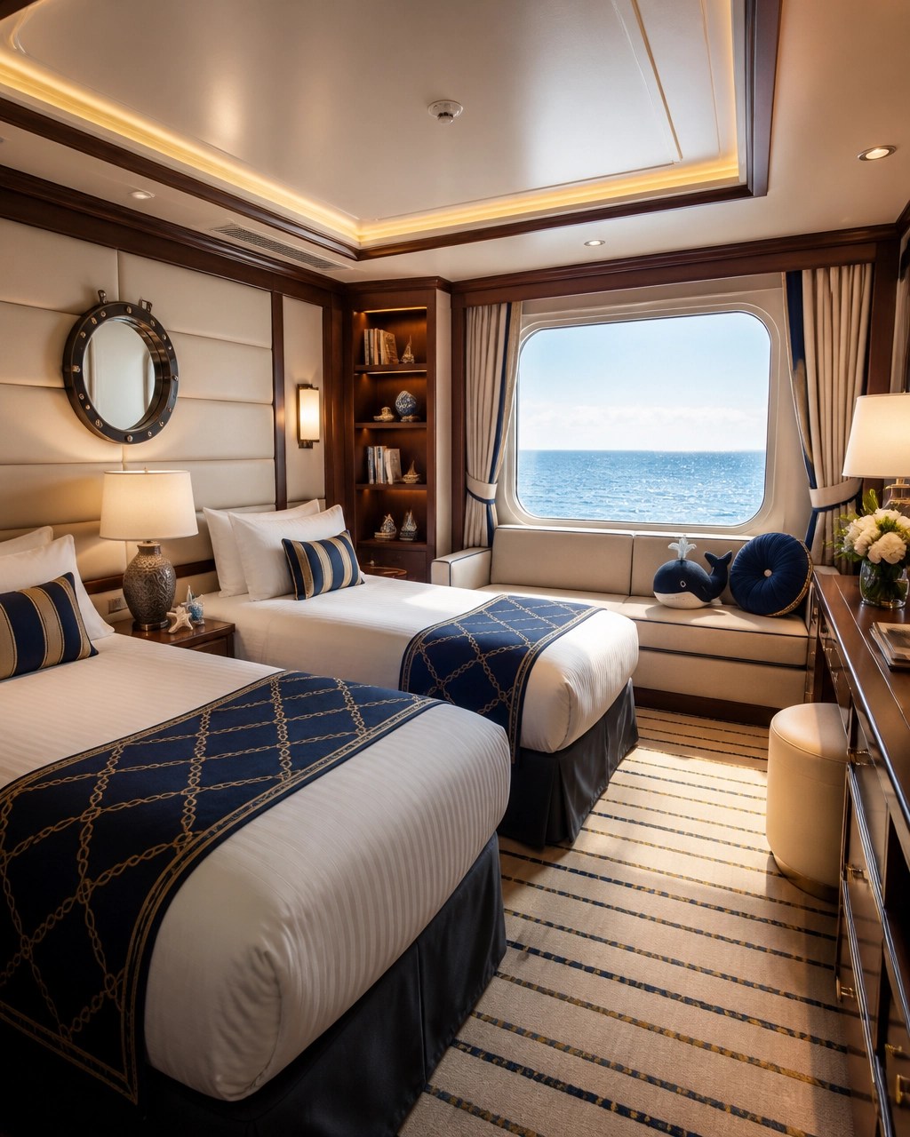 A bright, beautifully designed cruise stateroom with ocean views and family-friendly details