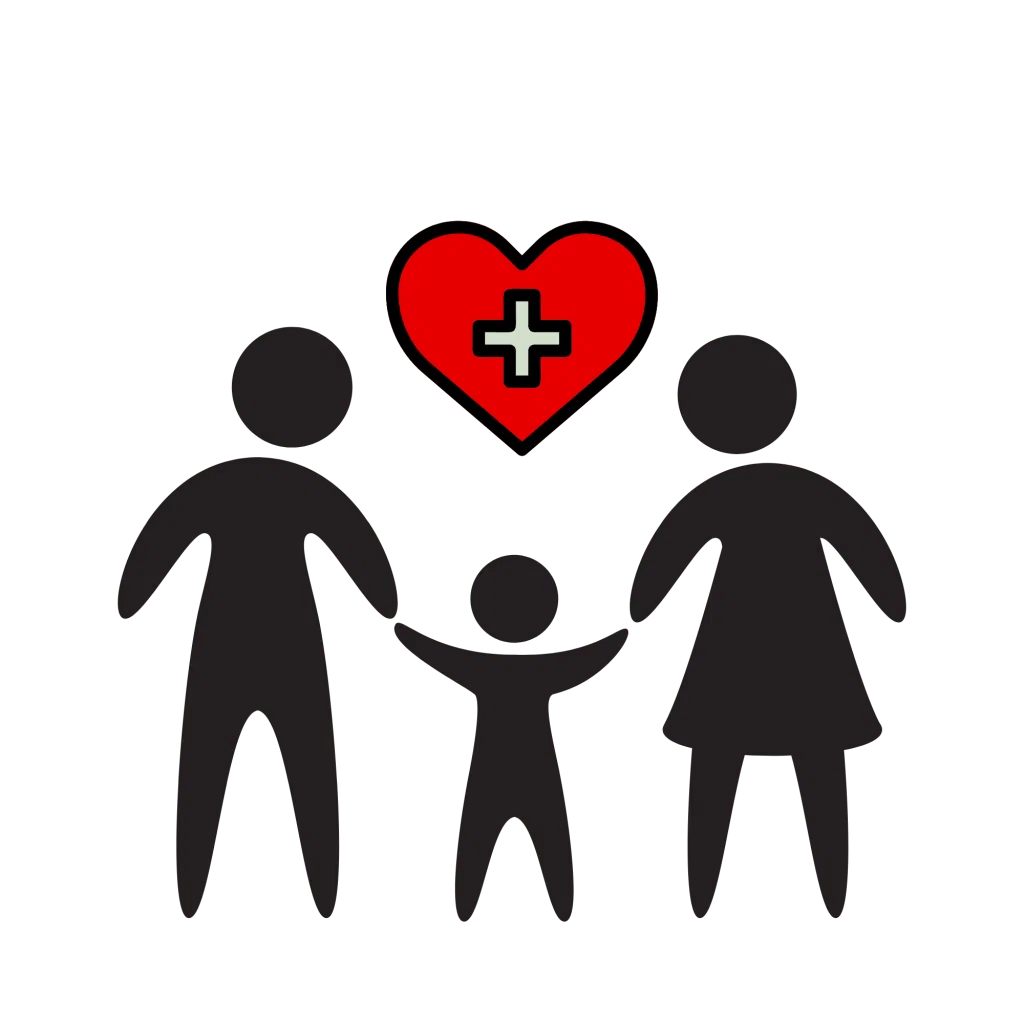 Illustration of a family under a protective heart symbol