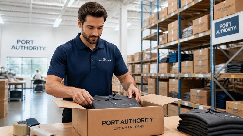 A bright, modern distribution center with neatly organized shelves of branded corporate apparel, where a professional worker is carefully packing a box of custom uniforms.