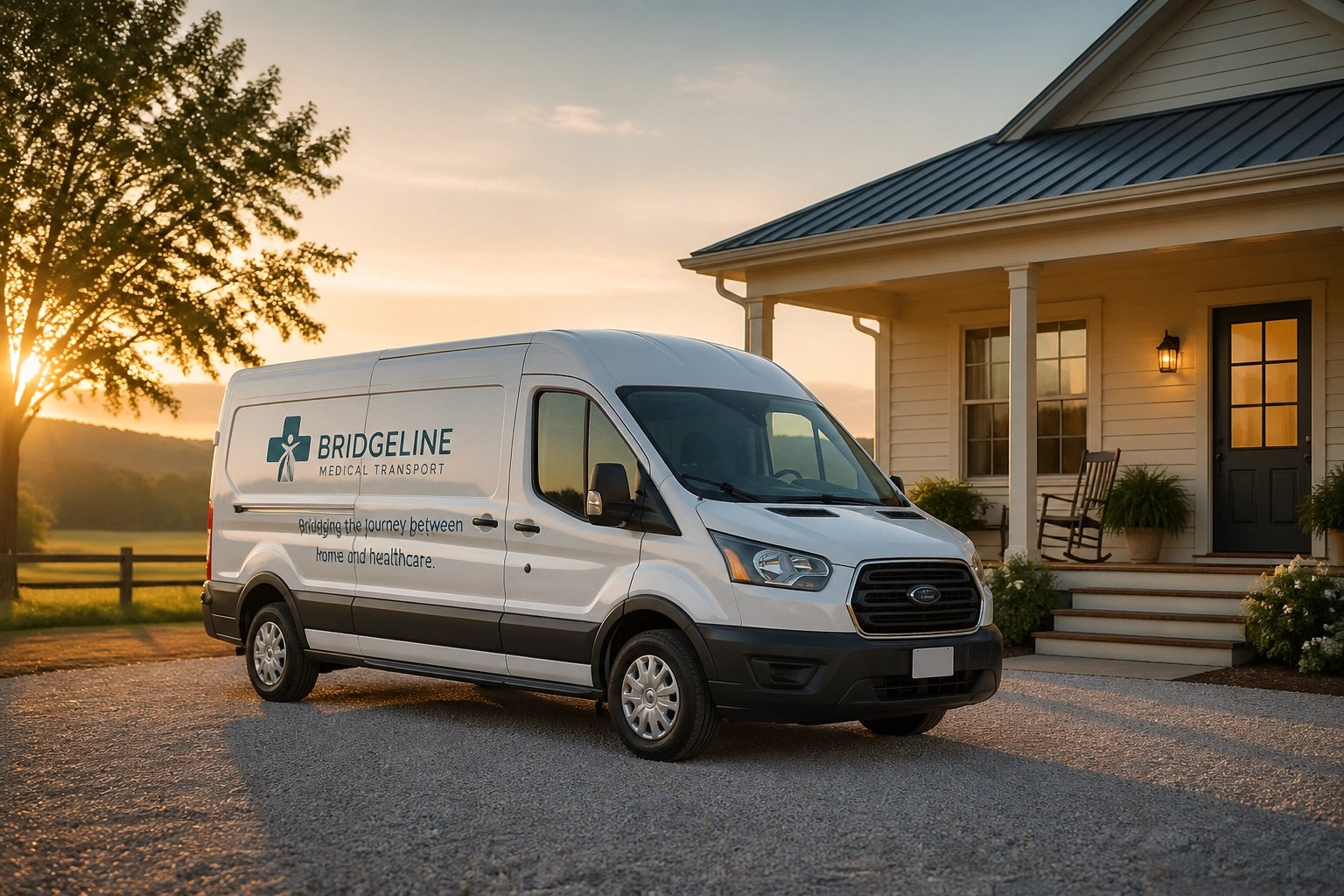 A modern Swift Ryde medical transport van parked at a rural home, providing essential door-to-door NEMT care.