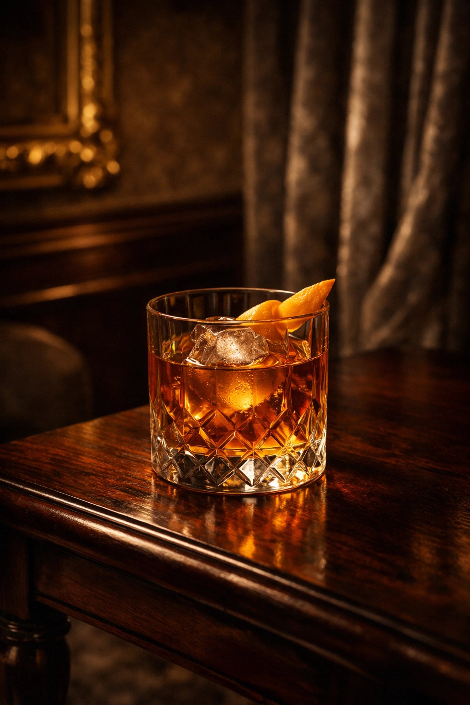 Luxury cocktail in a crystal glass on a mahogany table inside the exclusive Art Deco Roxy Suite at Radio City.