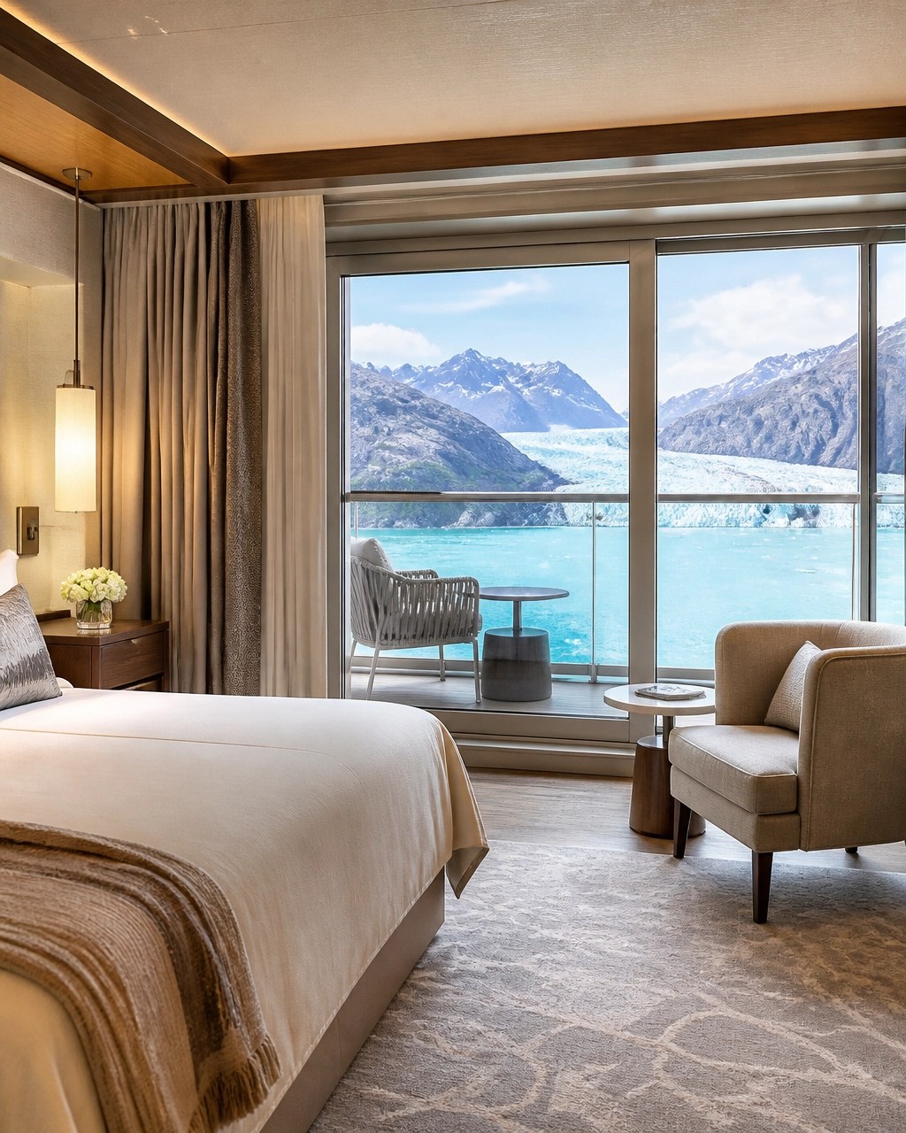 An elegant ocean-view cruise suite with warm cream textiles and a glacier landscape beyond the balcony