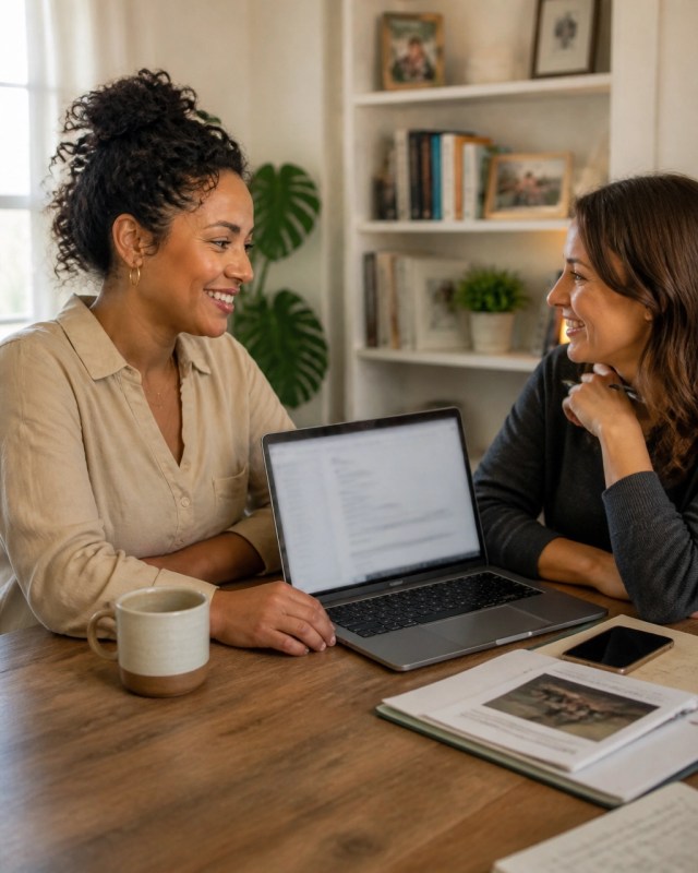 Business owner and consultant reviewing an AI-assisted email campaign Local business owner and marketing consultant reviewing an email campaign and lead follow-up