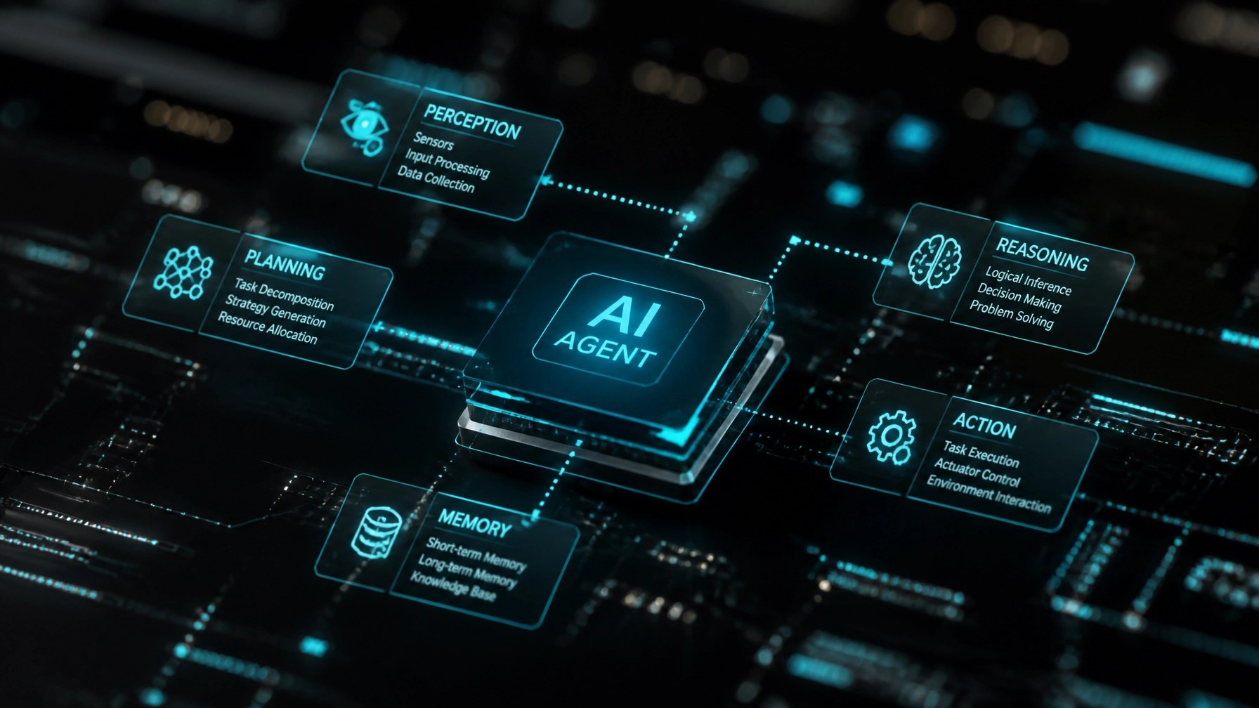 Abstract representation of an AI agent workflow with data nodes and circuitry
