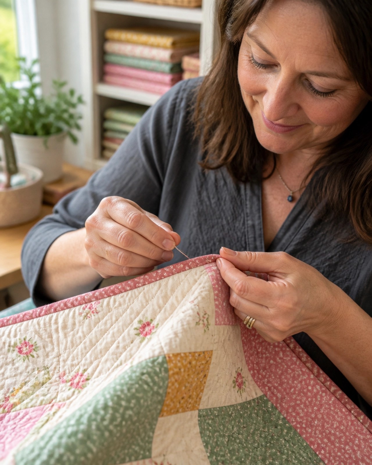 Close up of hand stitching a quilt binding on the back