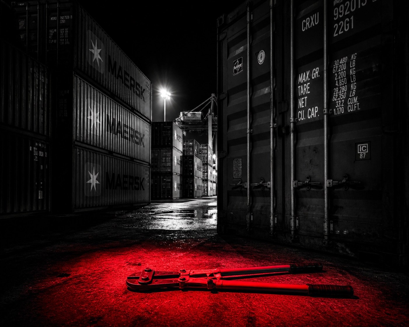 Shipping containers in an urban port with bolt cutters highlighting the surge in Los Angeles cargo thefts.