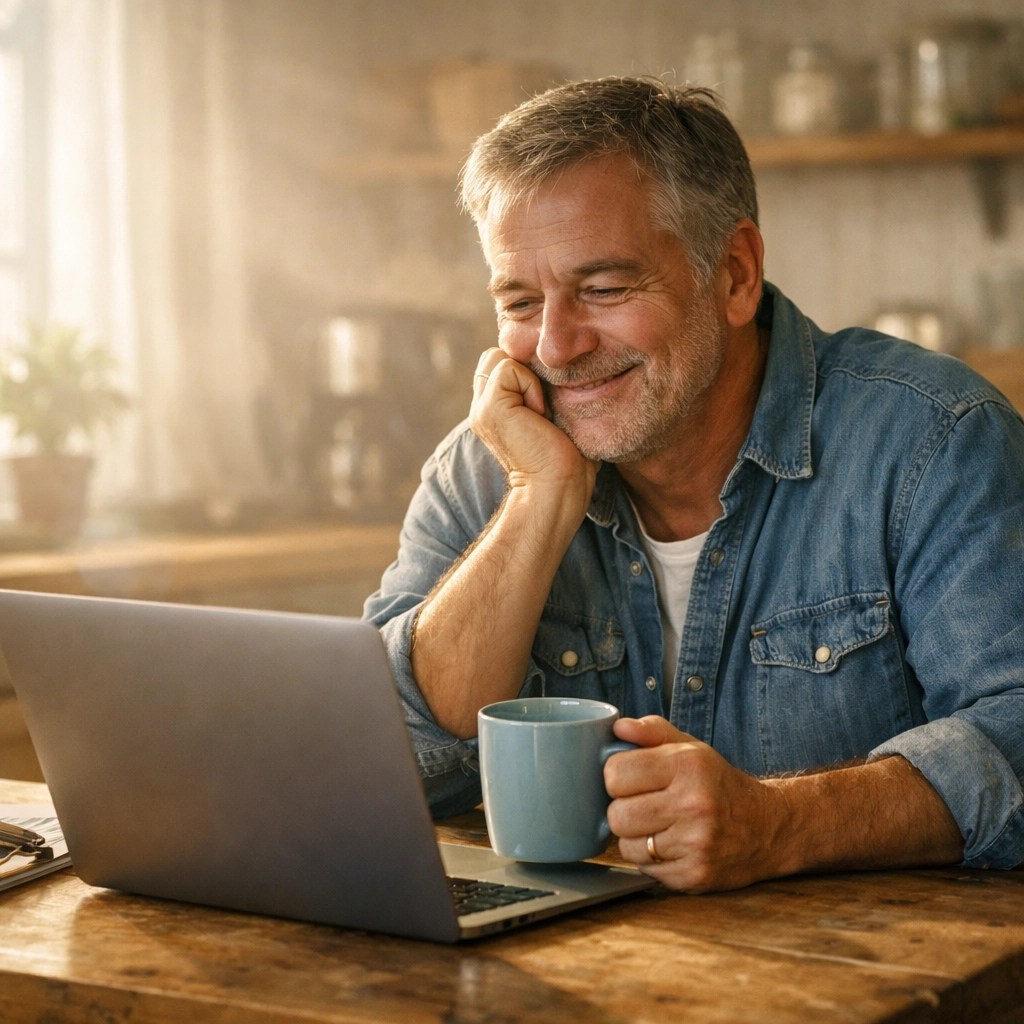 A man in his late 50s smiles with relief while managing his retirement income planning on a laptop.