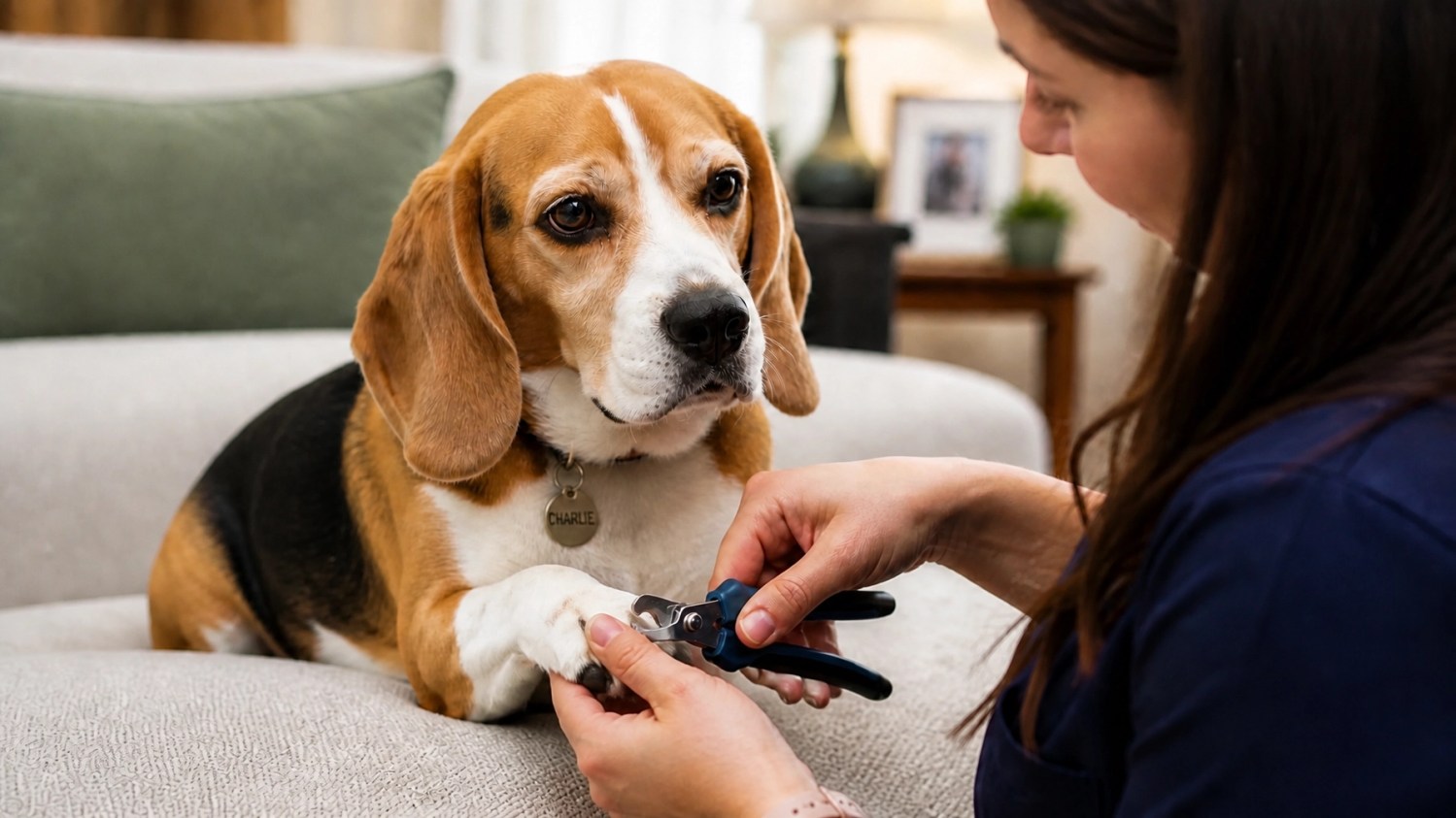 A close-up photograph showing a pet professional's hands gently trimming the nails of a calm beagle in a cozy living room setting.