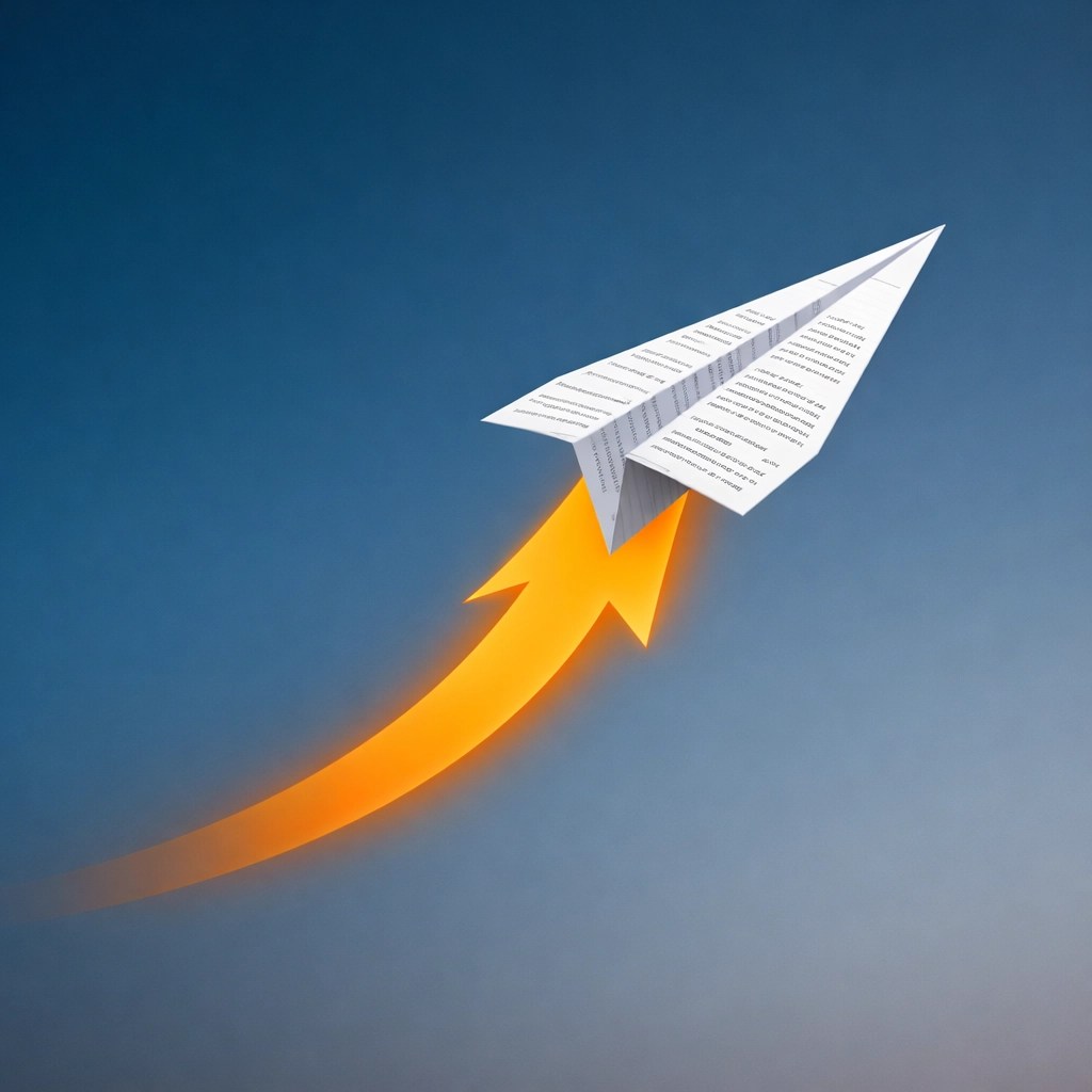 A paper plane soaring upward with a rising arrow, symbolizing career growth and taking flight in a competitive market.