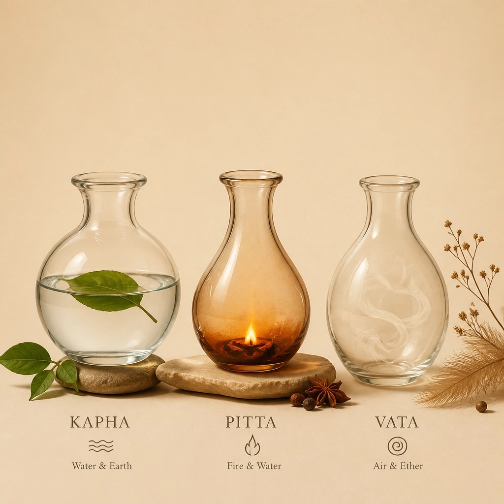 A sophisticated and artistic still-life arrangement representing the three Ayurvedic doshas: water, fire, and air.