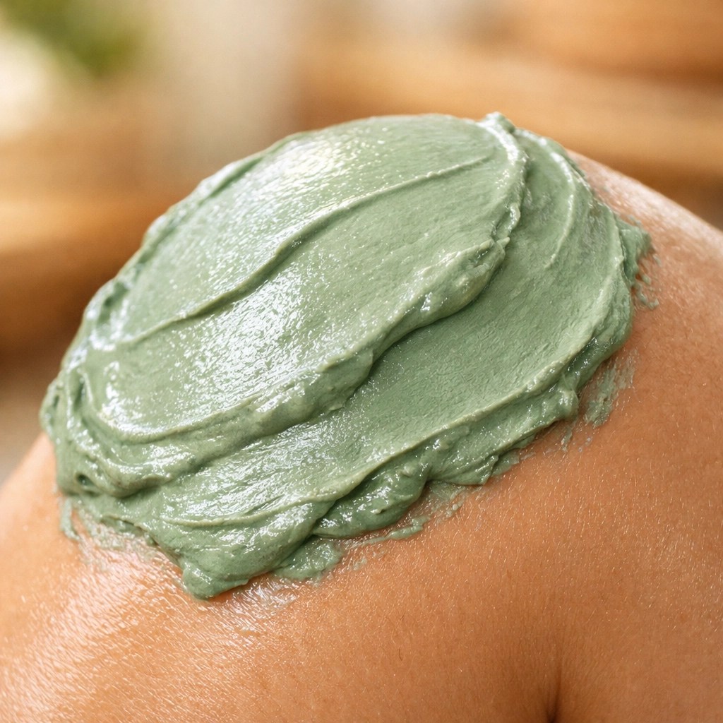 Therapeutic application of mineral-rich French green clay on a knee to reduce inflammation naturally.