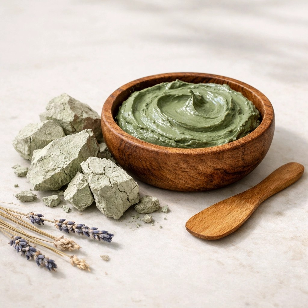 Premium mineral-rich French green clay paste in a wooden bowl for organic self-care and detox.