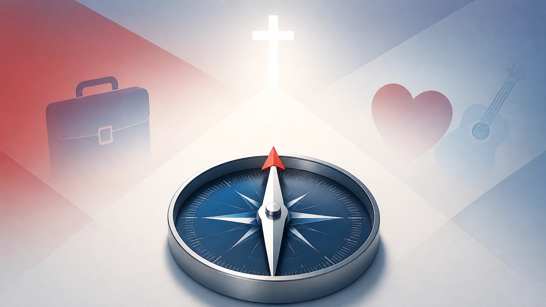 Symbolic compass pointing toward a luminous cross while career, relationship, and hobby symbols fade into the background