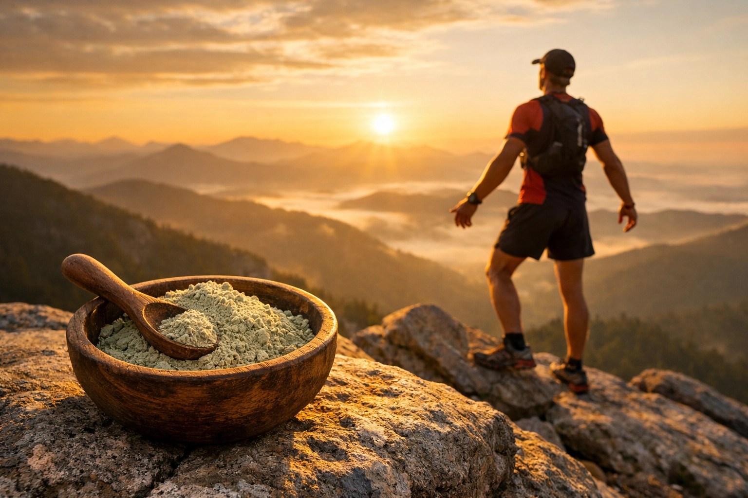 Trail runner at sunrise with a bowl of raw green clay powder representing natural sports recovery.