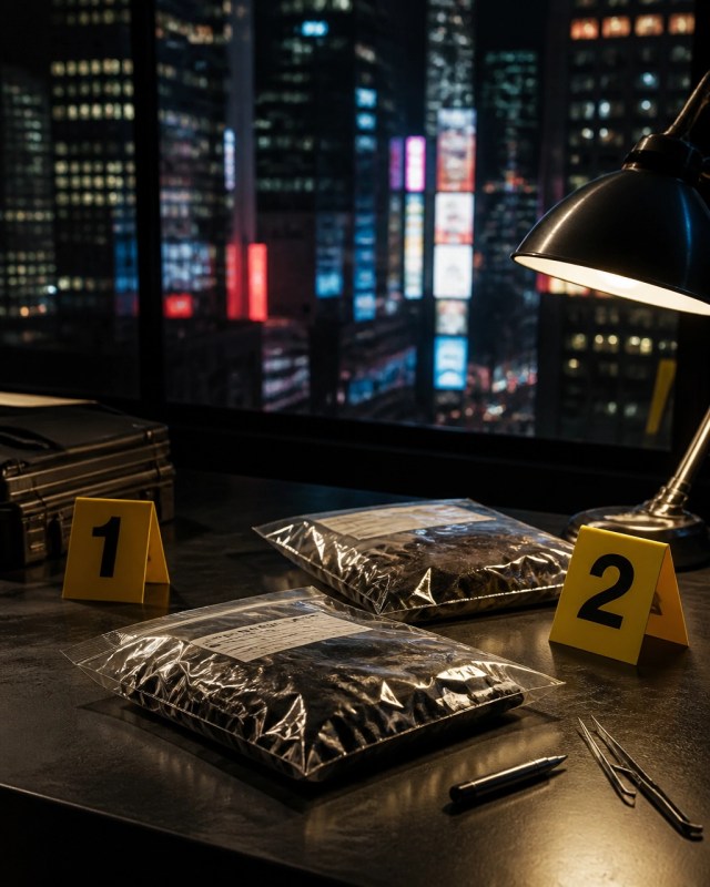 Evidence markers and sealed evidence bags in a police investigation setting with Times Square lights in the background