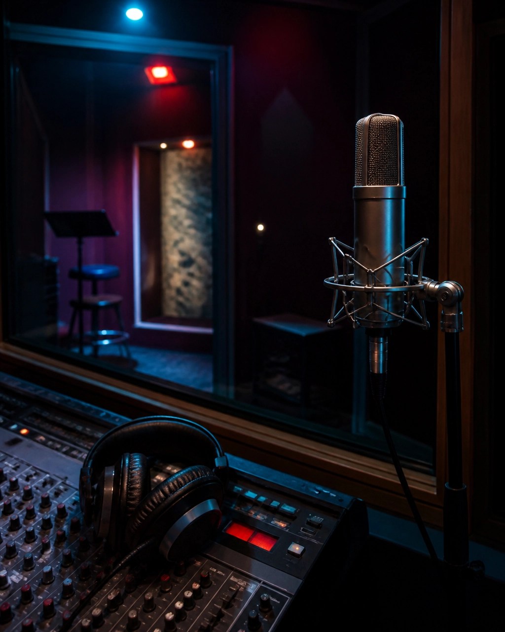 Microphone and headphones inside an atmospheric recording studio