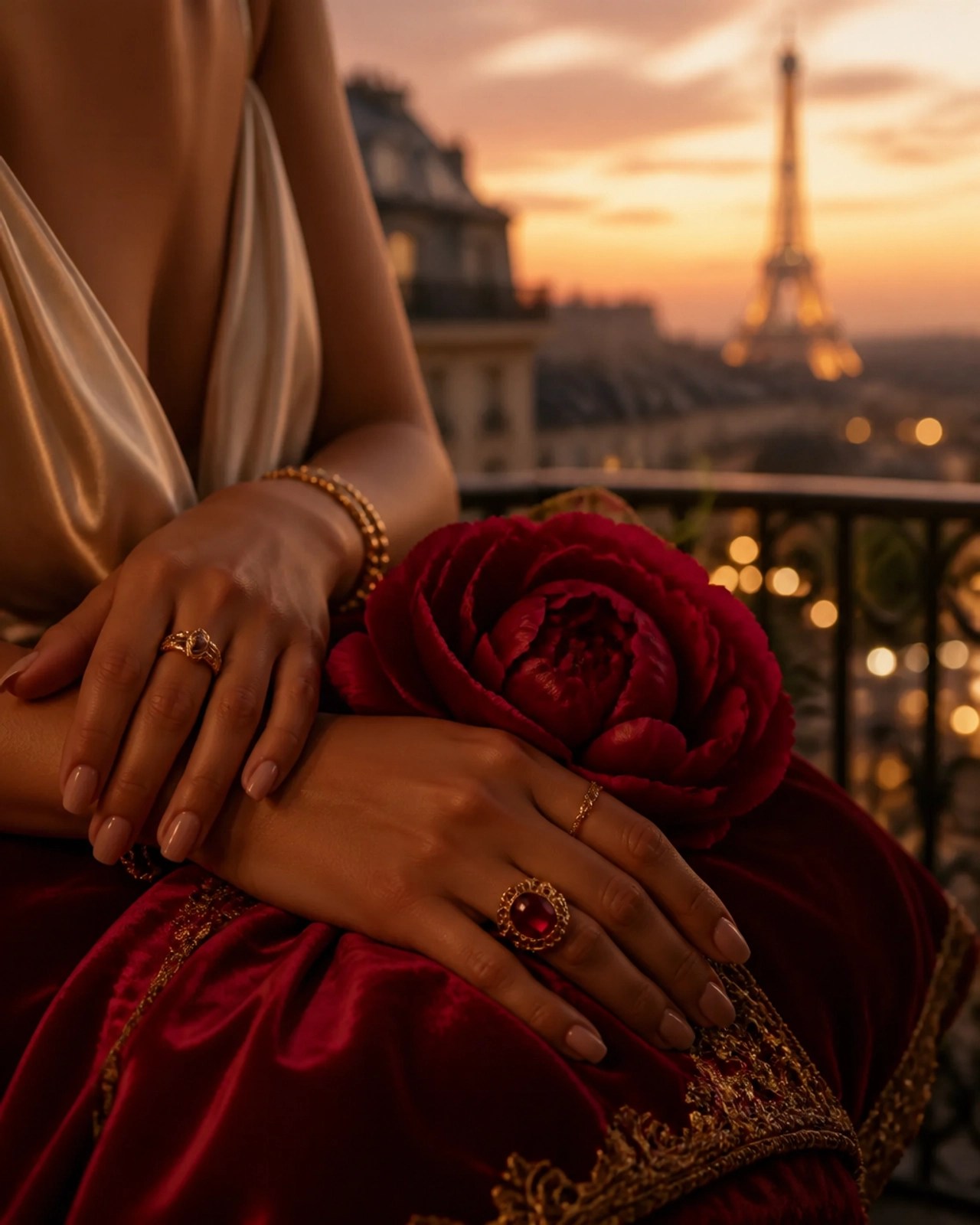 A close-up of a woman's hands with gold jewelry on red velvet, symbolizing the luxurious frequency of divine feminine energy.